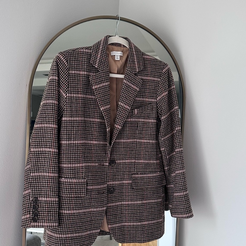 Topshop Plaid Houndstooth Blazer – Brown Pink Check, Size US 2 (UK 6)